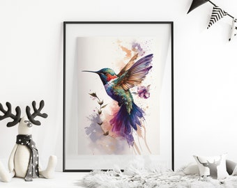 May include: A watercolor painting of a hummingbird in flight with a purple flower. The hummingbird is green, blue, and red with brown wings. The background is a soft watercolor wash of pink, orange, and yellow.