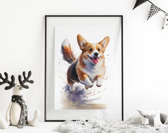 Lámina artística de perro Corgi en acuarela: Decoración divertida para habitación infantil (Descarga digital)