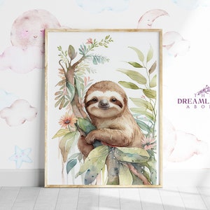 Impresión artística de perezoso lindo, arte de pared imprimible de perezoso, arte de guardería de animales de la jungla, animal del bosque, decoración de arte de guardería neutral, DESCARGA DIGITAL