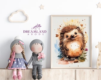 Hedgehog Printable Wall Art, Woodland Nursery Decor, Forest Animal Print, Cute Hedgehog Painting, Boy/Girl Nursery Decor, DIGITAL DOWNLOAD,