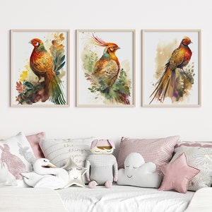Set of 3 Colorful Bird Wall Art, Minimalistic Bird Art, Watercolor Pheasant Print Fine Art, Wildlife Nature, Printable Art, DIGITAL DOWNLOAD