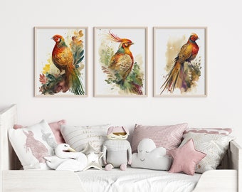 Conjunto de impresiones de faisán en acuarela: Arte mural de aves coloridas (descarga digital)