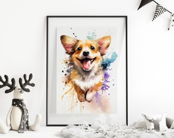 Retrato de perro Corgi en acuarela: Arte mural para sala de juegos (descarga digital)