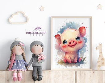 Cute Pink Piglet Watercolor Printable Wall Art DIGITAL DOWNLOAD Nursery Kids Children Room Wall Decor Farm Animal Painting Instant Download