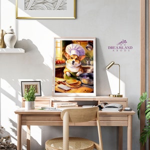 Funny Corgi Cooking Pancakes, Maximalist Animal Wall Print, Silly, Whimsical, Kitchen Theme, Printable Wall Art, Digital Download,