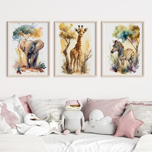 Safari Nursery Animal Prints, Set of 3 Jungle Nursery Decor, Elephant/Giraffe/Zebra, Digital Download, Baby Boy/Girl Nursery, Gender Neutral