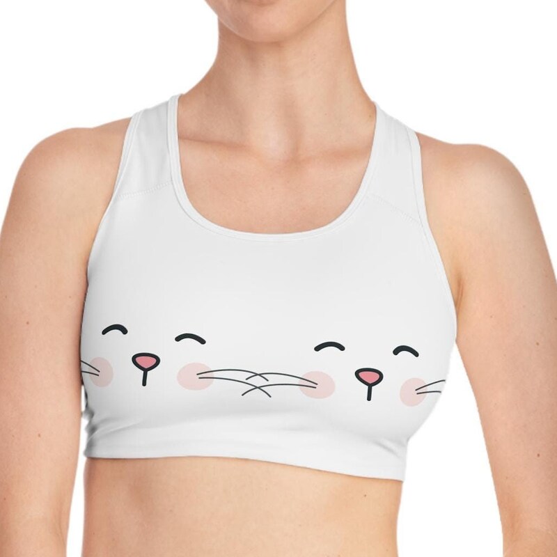 Cute Green Doodle Cat Print Sports Bra