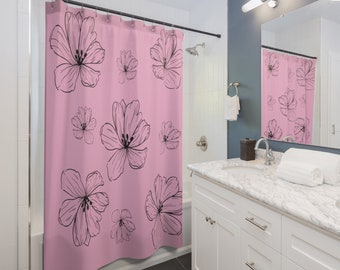 Duschvorhang mit rosa und schwarzen Linienblumen