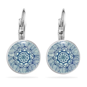 Mandala oorbellen, oorbellen ornament, oorbellen bloem des levens, oorbellen blauw turquoise, cadeau idee, cadeaus voor haar