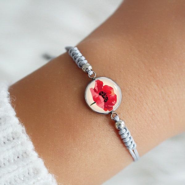 Bracelet fleur de coquelicot, bracelet Macrame, bracelet en tissu coquelicots rouges femmes, bijoux coquelicot, bijoux faits à la main, cadeaux pour elle