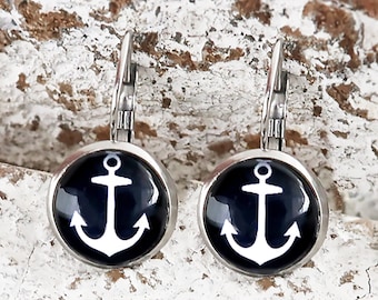 Blue Anchor Earrings, Hanging Anchor Earrings, Cute Huggie Earrings, Maritime Earrings, Silver Stainless Steel Earrings, Anchor Jewellery