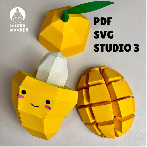 Adorable ensemble de mangues 3D, modèle Papercraft, origami de fruits DIY, fichier numérique, PDF, SVG, Studio3, Low Poly, téléchargement immédiat, modèle 3D