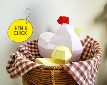 Henne und Küken Familie, Osterdeko, DIY Papierhandwerk, druckbare 3D Puzzle, Low Poly Design, lustiges DIY Projekt, einfach zu montieren, Papier Haustier Henne