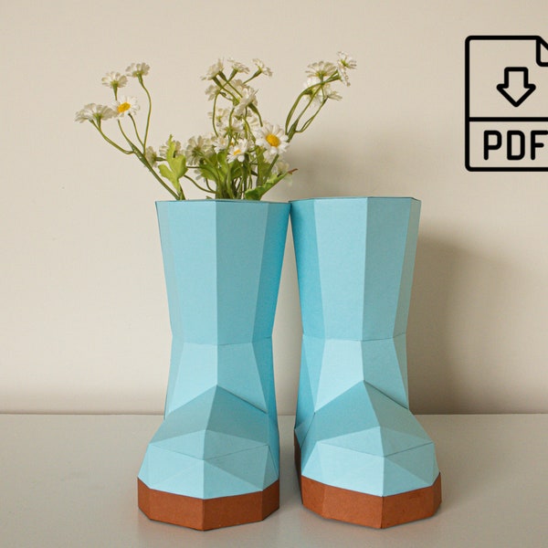 Papercraft Rainboot Vase, Unique Dry and Artificial Flower Vase, Papercraft Template, 3D Puzzle, Stunning Home Decoration, Digital pdf file