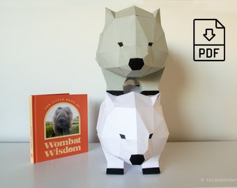 Cute Wombat en Cube Kak Papercraft Template, DIY Australian Animal Origami, Digitaal PDF-bestand, Low Poly Pet, Instant Download, 3D-model