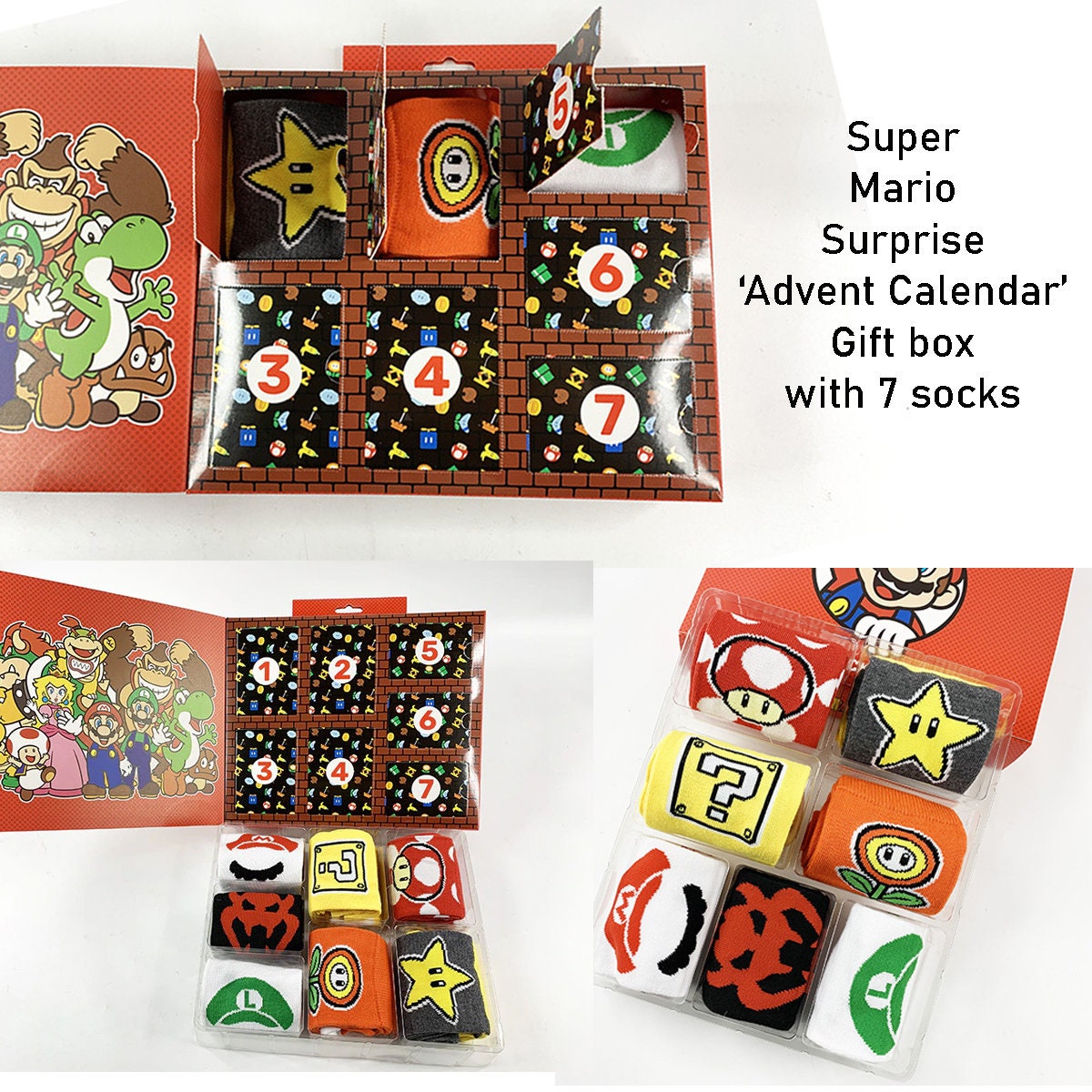 Advent Calendar 12 Pair Super Mario Crew Socks Mens | Green | Regular 10-13 | Socks Crew Socks | Multi-Pack