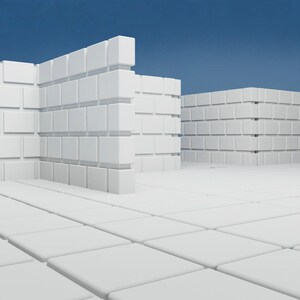 Puede incluir: Una estructura blanca tridimensional hecha de bloques cuadrados. La estructura est&aacute; compuesta por dos paredes y un piso. Las paredes est&aacute;n hechas de bloques apilados y el piso est&aacute; hecho de una cuadr&iacute;cula de bloques.