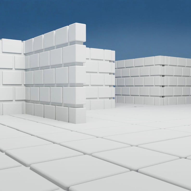 Puede incluir: Una estructura blanca tridimensional hecha de bloques cuadrados. La estructura est&aacute; compuesta por dos paredes y un piso. Las paredes est&aacute;n hechas de bloques apilados y el piso est&aacute; hecho de una cuadr&iacute;cula de bloques.