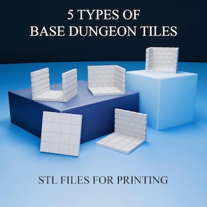 Op de afbeelding: Vijf verschillende soorten witte plastic dungeon-tegels voor tabletop-spellen. De tegels zijn gerangschikt op een blauw en grijs oppervlak. De tekst "5 TYPES OF BASE DUNGEON TILES" en "STL FILES FOR PRINTING" is zichtbaar in de afbeelding.