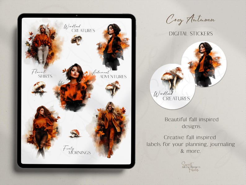 Op de afbeelding: Digitale stickers met een gezellig herfstthema. De afbeelding bevat illustraties van vrouwen in herfstoutfits, paddenstoelen en herfstbladeren. Tekst bevat "Woodland Creatures", "Floral Shirts" en "Autumnal Adventures."