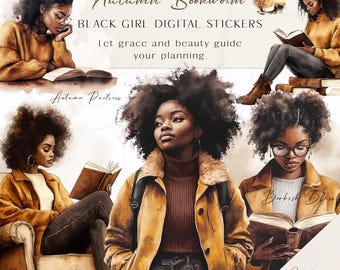 Herfstboekenwurmstickers: Black Girl Reading Journal-stickers (digitale download)