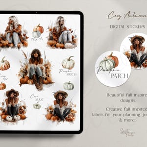 Op de afbeelding: Digitale stickers met aquarel illustraties van vrouwen, pompoenen en herfstbladeren. De tekst bevat "Cozy Autumn", "Digital Stickers" en "Pumpkin Patch". De stickers zijn voor planning, journaling en meer.