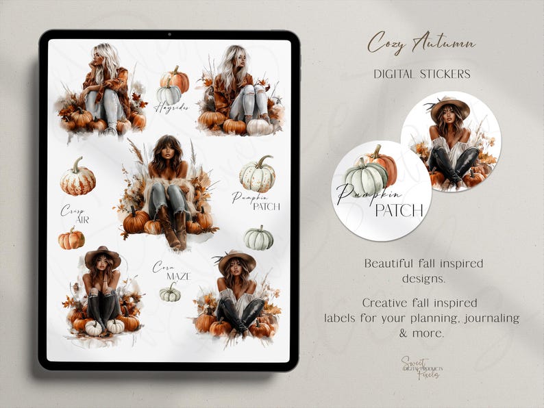 Op de afbeelding: Digitale stickers met aquarel illustraties van vrouwen, pompoenen en herfstbladeren. De tekst bevat "Cozy Autumn", "Digital Stickers" en "Pumpkin Patch". De stickers zijn voor planning, journaling en meer.