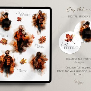 Op de afbeelding: Digitale stickers met een gezellig herfstthema. De afbeelding toont aquarel illustraties van vrouwen in herfstkleding, herfstbladeren en tekst zoals "Colorful Canopies" en "Leaf Peeping". De stickers zijn ontworpen voor planning en journaling.