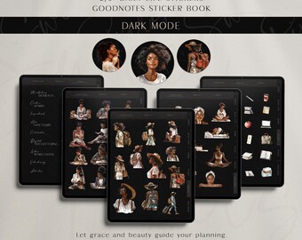 Black Girl Dark Mode Digital Stickers: GoodNotes Planner (270+ PNG)