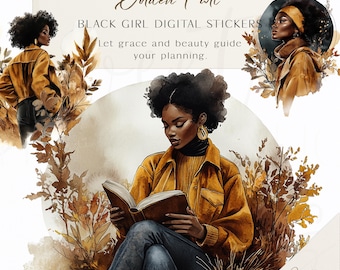 Golden Fall Black Girl-stickers: herfstplanner, clipart (png)