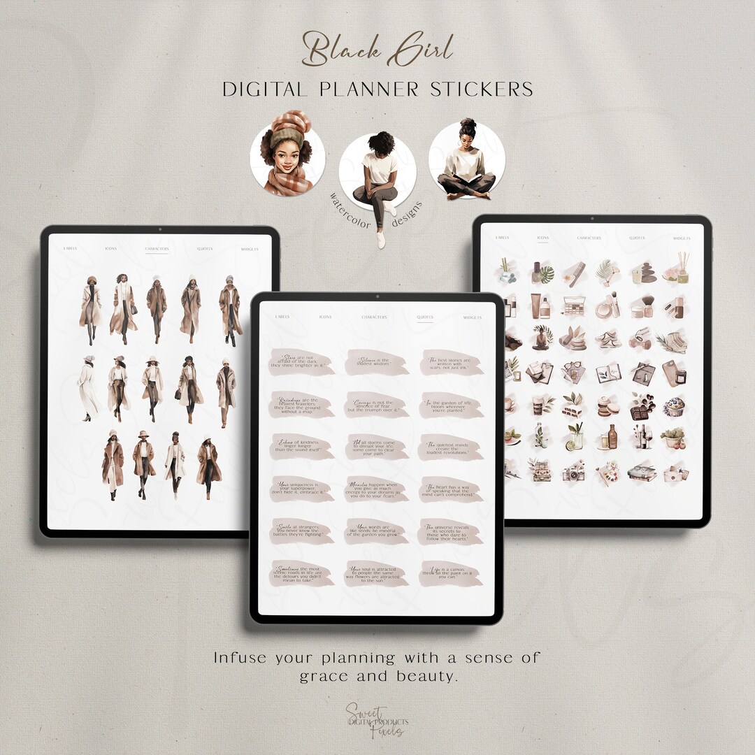 Black Girl Digital Planner Stickers: Watercolor PNG Clip Art (digital ...