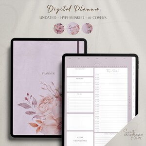 May include: A digital planner with a floral design on the cover. The planner is open to a page with sections for today's focus, priorities, to do, weeks, and a vision board. The planner is undated and hyperlinked, and it comes with 10 covers.