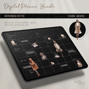 2025 Dark Mode Digital Calendar Bundle: Planner Stickers (GoodNotes, PNGs)
