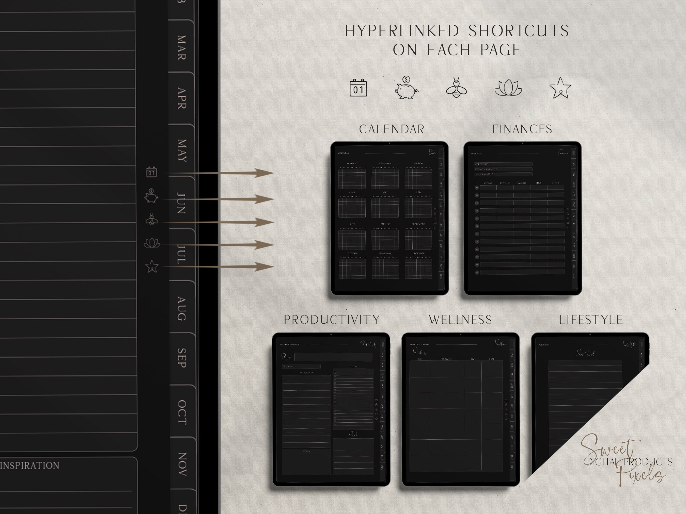 Undated Dark Mode Digital Planner, Dark Mode Goodnotes Planner, PDF ...