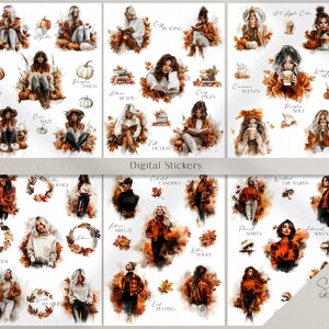 Op de afbeelding: Digitale stickers met aquarel illustraties van vrouwen in herfsttaferelen. De afbeeldingen tonen vrouwen die lezen, koffie drinken en omringd zijn door pompoenen en herfstbladeren. Tekst bevat "Autumn Reads" en "Pumpkin Spice".