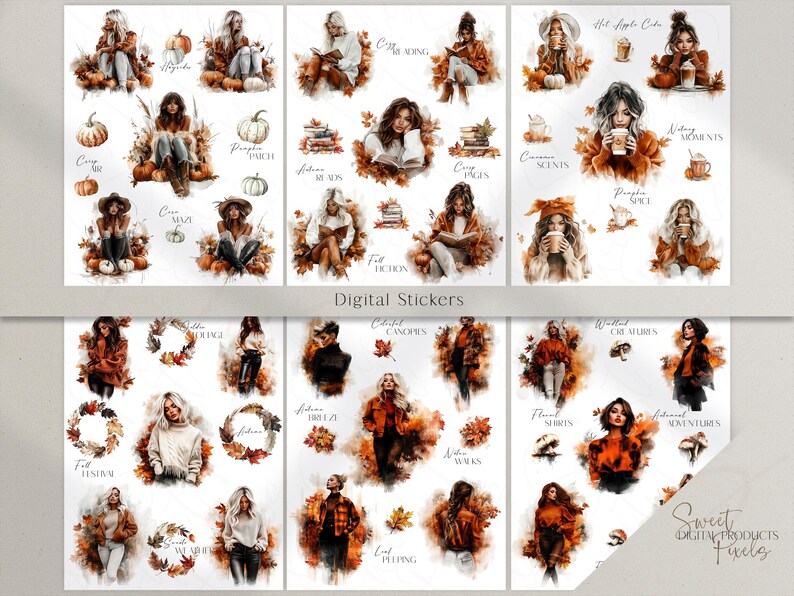 Op de afbeelding: Digitale stickers met aquarel illustraties van vrouwen in herfsttaferelen. De afbeeldingen tonen vrouwen die lezen, koffie drinken en omringd zijn door pompoenen en herfstbladeren. Tekst bevat "Autumn Reads" en "Pumpkin Spice".
