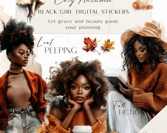 Black Girl gezellige herfst plannerstickers (digitale download)