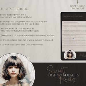 Op de afbeelding: Advertentie voor een digitaal product met de tekst: "YOUR DIGITAL PRODUCT" en "Sweet Digital Products Pixels". Bevat een gebruikershandleiding op een tablet en een aquarelportret van een vrouw. Het product biedt 80 digitale stickers.