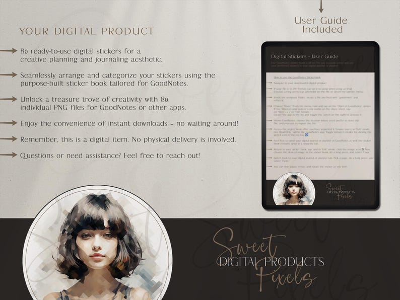 Op de afbeelding: Advertentie voor een digitaal product met de tekst: "YOUR DIGITAL PRODUCT" en "Sweet Digital Products Pixels". Bevat een gebruikershandleiding op een tablet en een aquarelportret van een vrouw. Het product biedt 80 digitale stickers.
