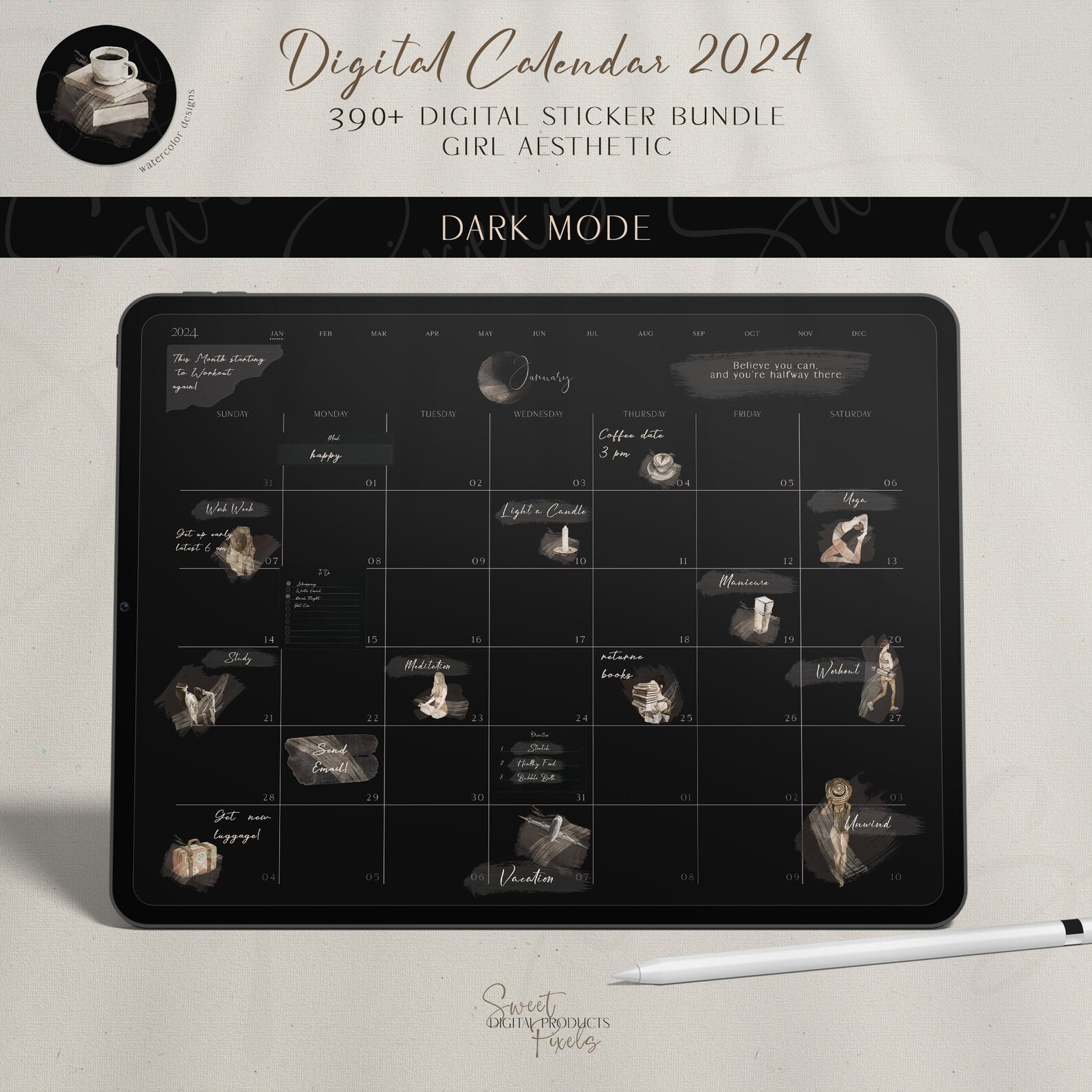 Dark Mode Digital Planner Calendar 2024 That Girl Sticker Bundle ...