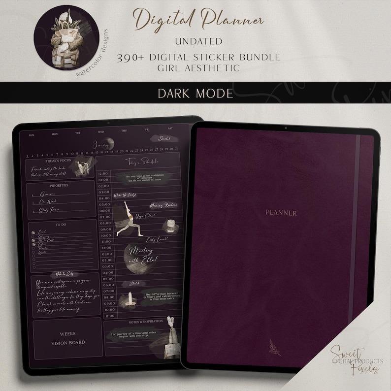 Dark Mode Floral That Girl Planner Bundle: Undated Digital Planner ...