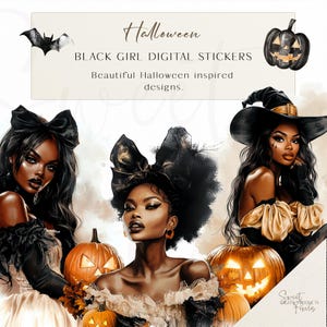 Black Girl Halloween Digital Stickers: Spooky Clipart (PNG)