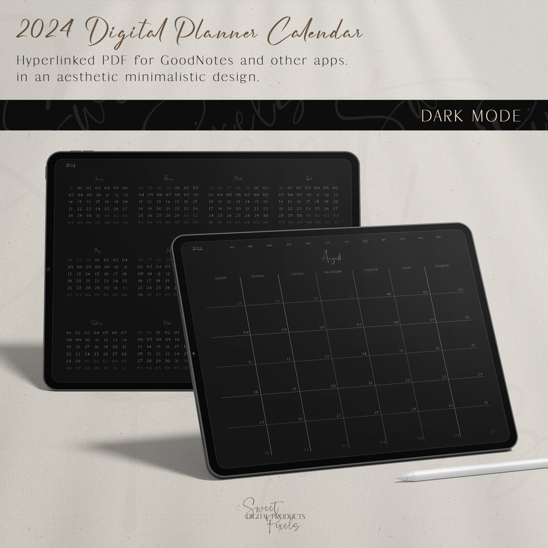 2024 Dark Mode Digital Planner Calendar 2024 Minimalistic Planner ...