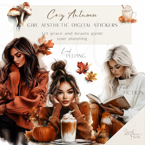 Cozy Autumn Girl Digital Stickers, Fall Planner (PNG, GoodNotes)