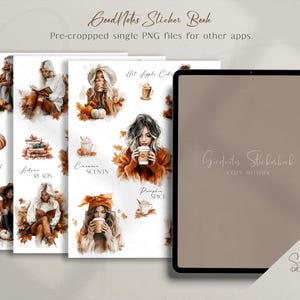 Op de afbeelding: Digitaal stickerboek met herfstthema-illustraties. De afbeelding toont een tablet en verschillende pagina's met aquarel afbeeldingen van vrouwen, pompoenen en koffiekopjes. Tekst bevat "GoodNotes Sticker Book" en "Cozy Autumn."