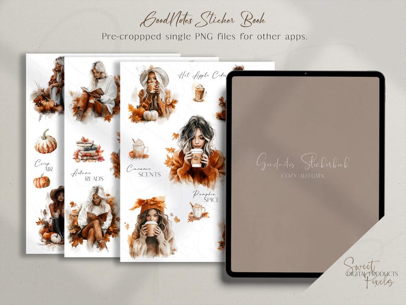 Op de afbeelding: Digitaal stickerboek met herfstthema-illustraties. De afbeelding toont een tablet en verschillende pagina's met aquarel afbeeldingen van vrouwen, pompoenen en koffiekopjes. Tekst bevat "GoodNotes Sticker Book" en "Cozy Autumn."