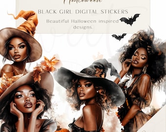 Black Girl Halloween Stickers: Spooky Witch Clipart (PNG Digital Download)