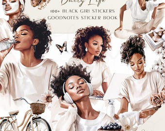 May include: Digital art featuring illustrations of Black women in various daily life scenarios. The image includes text that reads "Daily Life" and "100+ Black Girl Stickers Goodnotes Sticker Book". Butterflies and flowers are also present.