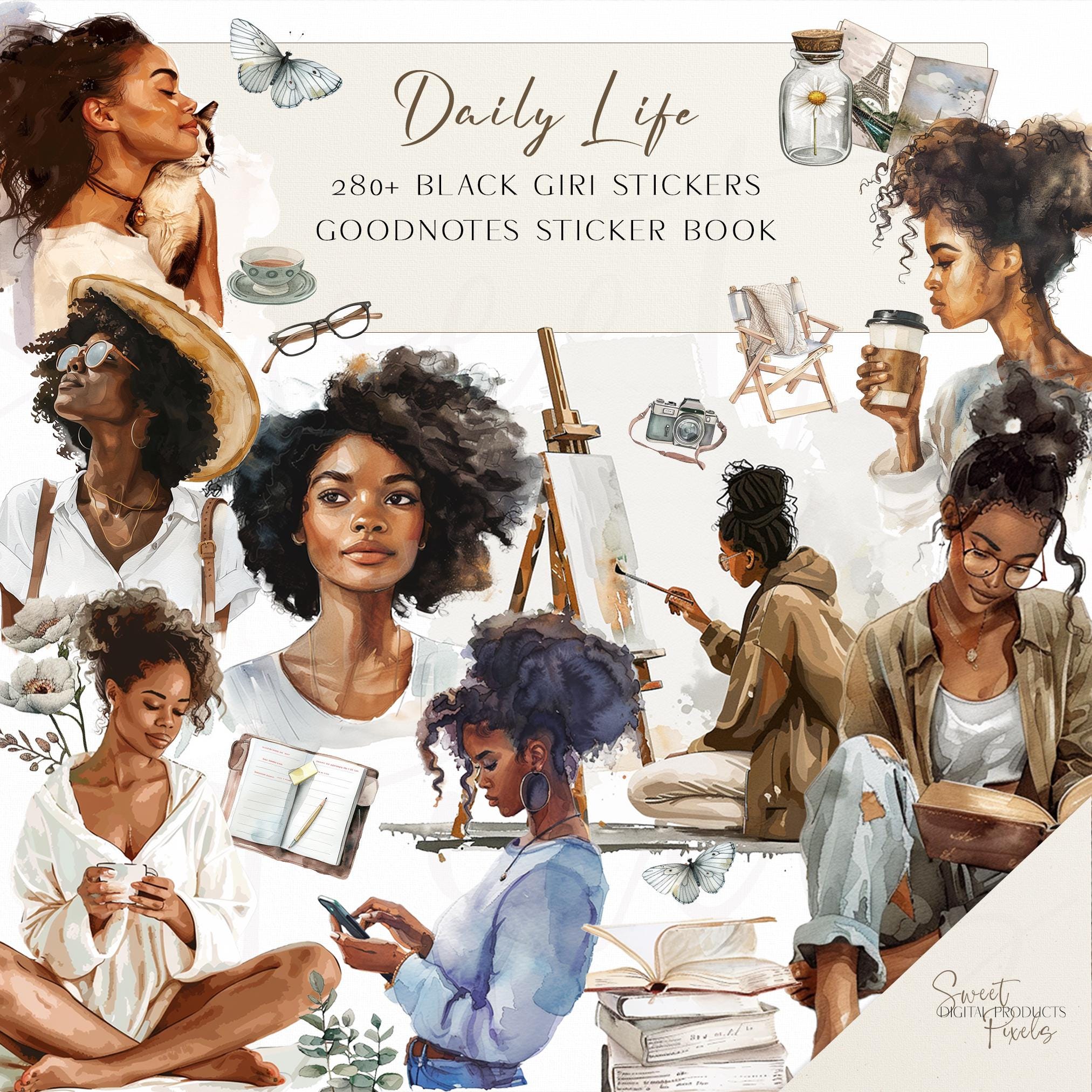 Black Girl Daily Life Stickers: Goodnotes Planner Stickers (PNG Digital ...