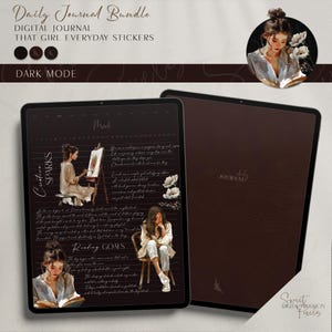 May include: A digital journal template with a dark brown background and a calendar for the month of March. The journal features a quote about being an intelligent person and a list of reading goals. The template includes illustrations of a woman painting and a woman reading a book. The text "Creative Sparks" is written on the left side of the page. The text "Daily Journal" is written on the right side of the page.